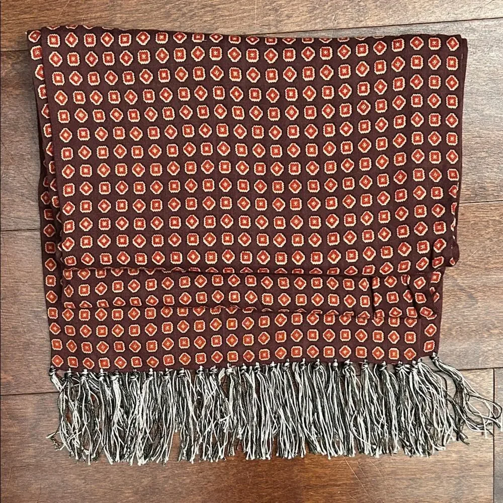 Geometric Patterned Scarf with Fringe, Shades of Brown, Brick, Red and Beige